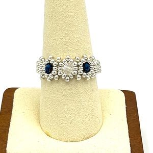 HAND CRAFTED Silver Beaded Blue Swarovski Crystal Ring